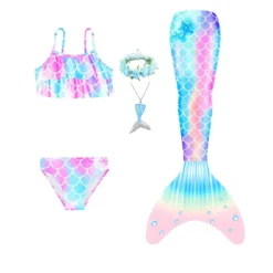 Kids Girls' Five Piece Mermaid Swimwear Swimwear Bikini Beach Swimming Rainbow Tie Dye Cute Bathing Suits 3-10 Years Summer Light Blue Colorful
