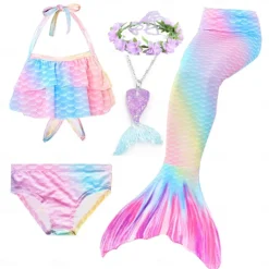 Kids Girls' Five Piece Mermaid Swimwear Swimwear Bikini Beach Swimming Rainbow Tie Dye Cute Bathing Suits 3-10 Years Summer Light Blue Colorful