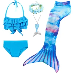 Kids Girls' Five Piece Mermaid Swimwear Swimwear Bikini Beach Swimming Rainbow Tie Dye Cute Bathing Suits 3-10 Years Summer Light Blue Colorful