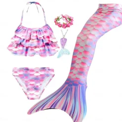 Kids Girls' Five Piece Mermaid Swimwear Swimwear Bikini Beach Swimming Rainbow Tie Dye Cute Bathing Suits 3-10 Years Summer Light Blue Colorful