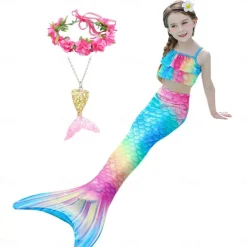 Kids Girls' Five Piece Mermaid Swimwear Swimwear Bikini Beach Swimming Rainbow Tie Dye Cute Bathing Suits 3-10 Years Summer Light Blue Colorful