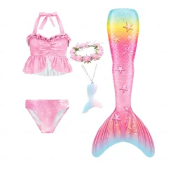 Kids Girls' Five Piece Mermaid Swimwear Swimwear Bikini Beach Swimming Rainbow Tie Dye Cute Bathing Suits 3-10 Years Summer Light Blue Colorful