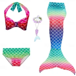 Kids Girls' Five Piece Mermaid Swimwear Swimwear Bikini Beach Swimming Rainbow Tie Dye Cute Bathing Suits 3-10 Years Summer Light Blue Colorful