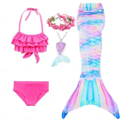 Kids Girls' Five Piece Mermaid Swimwear Swimwear Bikini Beach Swimming Rainbow Tie Dye Cute Bathing Suits 3-10 Years Summer Light Blue Colorful