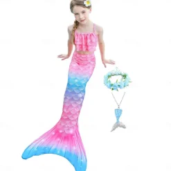 Kids Girls' Five Piece Mermaid Swimwear Swimwear Bikini Beach Swimming Rainbow Tie Dye Cute Bathing Suits 3-10 Years Summer Light Blue Colorful