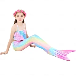 Kids Girls' Five Piece Mermaid Swimwear Swimwear Bikini Beach Swimming Rainbow Tie Dye Cute Bathing Suits 3-10 Years Summer Light Blue Colorful