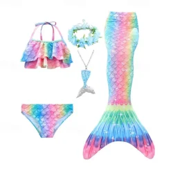 Kids Girls' Five Piece Mermaid Swimwear Swimwear Bikini Beach Swimming Rainbow Tie Dye Cute Bathing Suits 3-10 Years Summer Light Blue Colorful