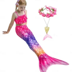 Kids Girls' Five Piece Mermaid Swimwear Swimwear Bikini Beach Swimming Rainbow Tie Dye Cute Bathing Suits 3-10 Years Summer Light Blue Colorful