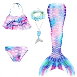 Kids Girls' Five Piece Mermaid Swimwear Swimwear Bikini Beach Swimming Rainbow Tie Dye Cute Bathing Suits 3-10 Years Summer Light Blue Colorful