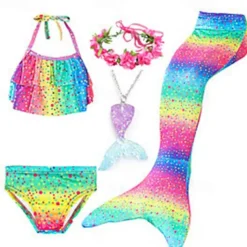 Kids Girls' Five Piece Mermaid Swimwear Swimwear Bikini Beach Swimming Rainbow Tie Dye Cute Bathing Suits 3-10 Years Summer Light Blue Colorful