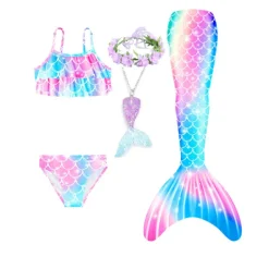 Kids Girls' Five Piece Mermaid Swimwear Swimwear Bikini Beach Swimming Rainbow Tie Dye Cute Bathing Suits 3-10 Years Summer Light Blue Colorful