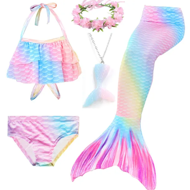 Kids Girls' Five Piece Mermaid Swimwear Swimwear Bikini Swimming Rainbow Cute Sexy Print Bathing Suits 3-10 Years Summer Light Blue Rose Gold