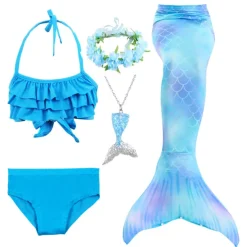 Kids Girls' Five Piece Mermaid Swimwear Swimwear Bikini Swimming Rainbow Cute Sexy Print Bathing Suits 3-10 Years Summer Light Blue Rose Gold