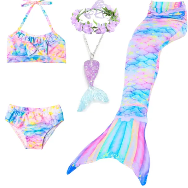Kids Girls' Five Piece Mermaid Swimwear Swimwear Bikini Swimming Rainbow Cute Sexy Print Bathing Suits 3-10 Years Summer Light Blue Rose Gold
