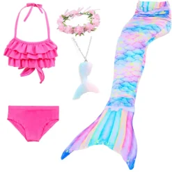Kids Girls' Five Piece Mermaid Swimwear Swimwear Bikini Swimming Rainbow Cute Sexy Print Bathing Suits 3-10 Years Summer Light Blue Rose Gold