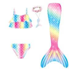 Kids Girls' Five Piece Mermaid Swimwear Swimwear Bikini Swimming Rainbow Cute Sexy Print Bathing Suits 3-10 Years Summer Light Blue Rose Gold