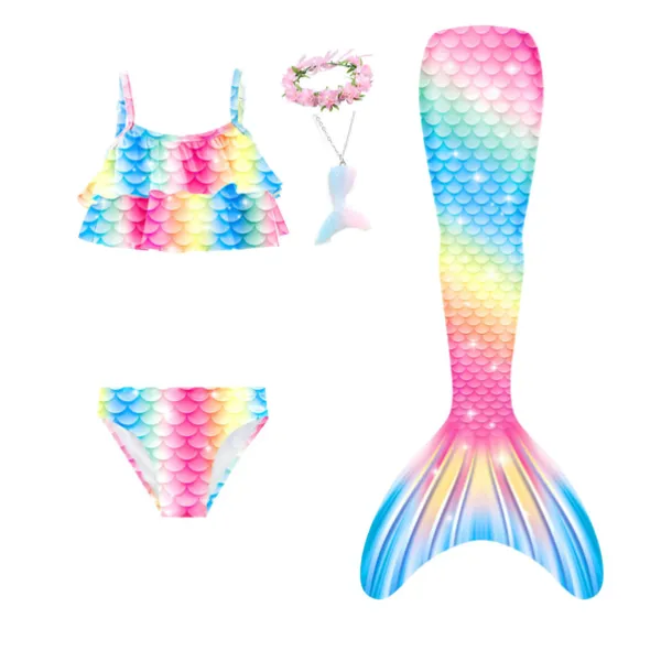 Kids Girls' Five Piece Mermaid Swimwear Swimwear Bikini Swimming Rainbow Cute Sexy Print Bathing Suits 3-10 Years Summer Light Blue Rose Gold