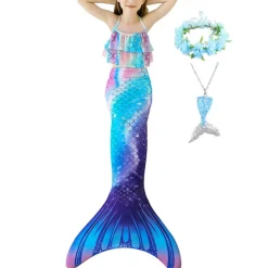 Kids Girls' Five Piece Mermaid Swimwear Swimwear Bikini Swimming Rainbow Cute Sexy Print Bathing Suits 3-10 Years Summer Light Blue Rose Gold