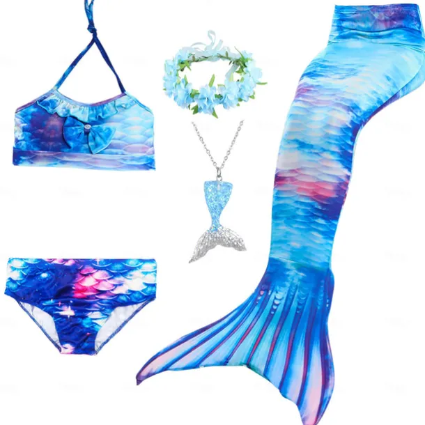 Kids Girls' Five Piece Mermaid Swimwear Swimwear Bikini Swimming Rainbow Cute Sexy Print Bathing Suits 3-10 Years Summer Light Blue Rose Gold