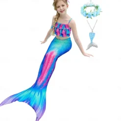 Kids Girls' Five Piece Mermaid Swimwear Swimwear Bikini Swimming Rainbow Cute Sexy Print Bathing Suits 3-10 Years Summer Light Blue Rose Gold