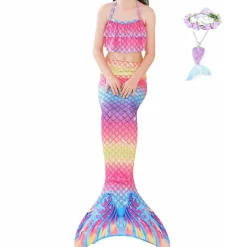 Kids Girls' Five Piece Mermaid Swimwear Swimwear Bikini Swimming Rainbow Cute Sexy Print Bathing Suits 3-10 Years Summer Light Blue Rose Gold