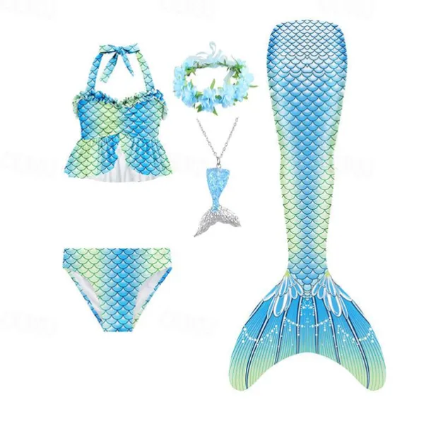 Kids Girls' Five Piece Mermaid Swimwear Swimwear Bikini Swimming Rainbow Cute Sexy Print Bathing Suits 3-10 Years Summer Light Blue Rose Gold