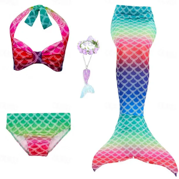 Kids Girls' Five Piece Mermaid Swimwear Swimwear Bikini Swimming Rainbow Cute Sexy Print Bathing Suits 3-10 Years Summer Light Blue Rose Gold
