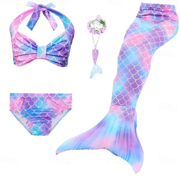 Kids Girls' Five Piece Mermaid Swimwear Swimwear Bikini Swimming Rainbow Cute Sexy Print Bathing Suits 3-10 Years Summer Light Blue Rose Gold
