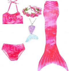 Kids Girls' Five Piece Mermaid Swimwear Swimwear Bikini Swimming Rainbow Cute Sexy Print Bathing Suits 3-10 Years Summer Light Blue Rose Gold