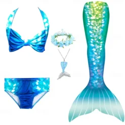 Kids Girls' Five Piece Mermaid Swimwear Swimwear Bikini Swimming Rainbow Cute Sexy Print Bathing Suits 3-10 Years Summer Light Blue Rose Gold