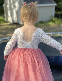 Kids Girls' Flower Dress Beach Wedding Backless Tulle Dress Party Ruched Mesh Lace Green White Blue Maxi Long Sleeve Princess Cute Dresses Party Dress Online Regular Fit 4-13 Years dress