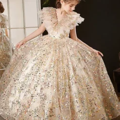 Kids Girls' Flower Girl Dress Party Dress Solid Color 3/4 Length Sleeve Performance Wedding Party Mesh Princess Sweet Mesh Mid-Calf Sheath Dress Tulle Dress Flower Girl's Dress Summer Spring Fall