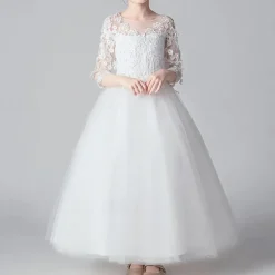 Kids Girls' Flower Girl Dress Dress Party Dress Solid Color 3/4 Length Sleeve Performance Wedding Party Lace Mesh Fashion Adorable Princess Polyester Maxi Lace Dress Party Dress Swing Dress Summer