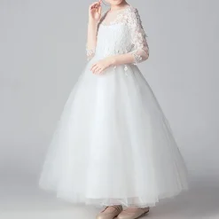 Kids Girls' Flower Girl Dress Dress Party Dress Solid Color 3/4 Length Sleeve Performance Wedding Party Lace Mesh Fashion Adorable Princess Polyester Maxi Lace Dress Party Dress Swing Dress Summer
