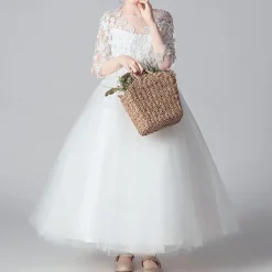 Kids Girls' Flower Girl Dress Dress Party Dress Solid Color 3/4 Length Sleeve Performance Wedding Party Lace Mesh Fashion Adorable Princess Polyester Maxi Lace Dress Party Dress Swing Dress Summer