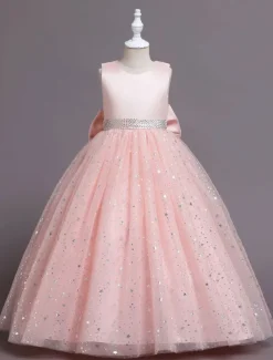 Kids Girls' Flower Girl Dress Dress Sequin Sleeveless Performance Wedding Party Mesh Bow Elegant Princess Polyester Maxi A Line Dress Tulle Dress Summer Spring 4-13 Years Multicolor Pink Wine