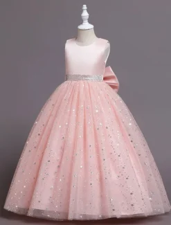 Kids Girls' Flower Girl Dress Dress Sequin Sleeveless Performance Wedding Party Mesh Bow Elegant Princess Polyester Maxi A Line Dress Tulle Dress Summer Spring 4-13 Years Multicolor Pink Wine