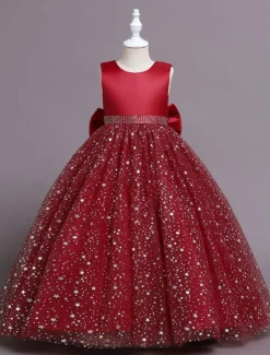 Kids Girls' Flower Girl Dress Dress Sequin Sleeveless Performance Wedding Party Mesh Bow Elegant Princess Polyester Maxi A Line Dress Tulle Dress Summer Spring 4-13 Years Multicolor Pink Wine