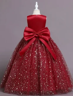 Kids Girls' Flower Girl Dress Dress Sequin Sleeveless Performance Wedding Party Mesh Bow Elegant Princess Polyester Maxi A Line Dress Tulle Dress Summer Spring 4-13 Years Multicolor Pink Wine