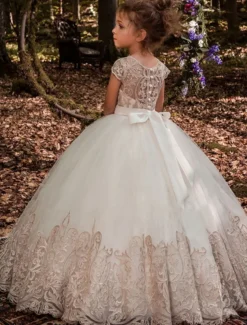 Kids Girls' Flower Girl Dress Dress Floral Solid Colored Short Sleeve Wedding Party Birthday Lace Ruched Mesh Cute Princess Polyester Maxi A Line Dress Tulle Dress Flower Girl's Dress Summer Fall