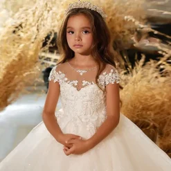 Kids Girls' Flower Girl Dress Party Dress Solid Color Short Sleeve Performance Wedding Party Mesh Princess Sweet Mesh Mid-Calf Sheath Dress Tulle Dress Summer Spring Fall 4-12 Years White