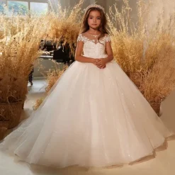 Kids Girls' Flower Girl Dress Party Dress Solid Color Short Sleeve Performance Wedding Party Mesh Princess Sweet Mesh Mid-Calf Sheath Dress Tulle Dress Summer Spring Fall 4-12 Years White