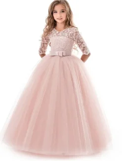 Kids Girls' Flower Girl Dress Dress Half Sleeve Wedding Party Lace up Mesh Elegant Vintage Maxi Swing Dress A Line Dress Spring Fall 3-12 Years White Light Green Pink