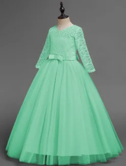 Kids Girls' Flower Girl Dress Dress Half Sleeve Wedding Party Lace up Mesh Elegant Vintage Maxi Swing Dress A Line Dress Spring Fall 3-12 Years White Light Green Pink