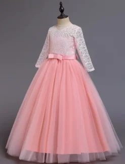 Kids Girls' Flower Girl Dress Dress Half Sleeve Wedding Party Lace up Mesh Elegant Vintage Maxi Swing Dress A Line Dress Spring Fall 3-12 Years White Light Green Pink