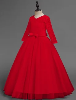 Kids Girls' Flower Girl Dress Dress Half Sleeve Wedding Party Lace up Mesh Elegant Vintage Maxi Swing Dress A Line Dress Spring Fall 3-12 Years White Light Green Pink