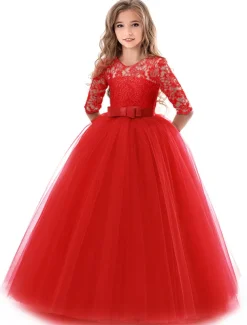 Kids Girls' Flower Girl Dress Dress Half Sleeve Wedding Party Lace up Mesh Elegant Vintage Maxi Swing Dress A Line Dress Spring Fall 3-12 Years White Light Green Pink