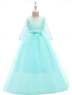 Kids Girls' Flower Girl Dress Dress Half Sleeve Wedding Party Lace up Mesh Elegant Vintage Maxi Swing Dress A Line Dress Spring Fall 3-12 Years White Light Green Pink