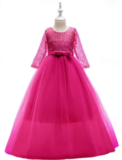 Kids Girls' Flower Girl Dress Dress Half Sleeve Wedding Party Lace up Mesh Elegant Vintage Maxi Swing Dress A Line Dress Spring Fall 3-12 Years White Light Green Pink