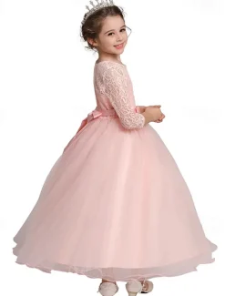 Kids Girls' Flower Girl Dress Dress Half Sleeve Wedding Party Lace up Mesh Elegant Vintage Maxi Swing Dress A Line Dress Spring Fall 3-12 Years White Light Green Pink